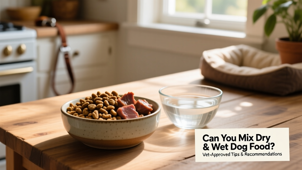A bowl showing a balanced mix of high-quality dry kibble and moist, meaty wet food beside a fresh water bowl