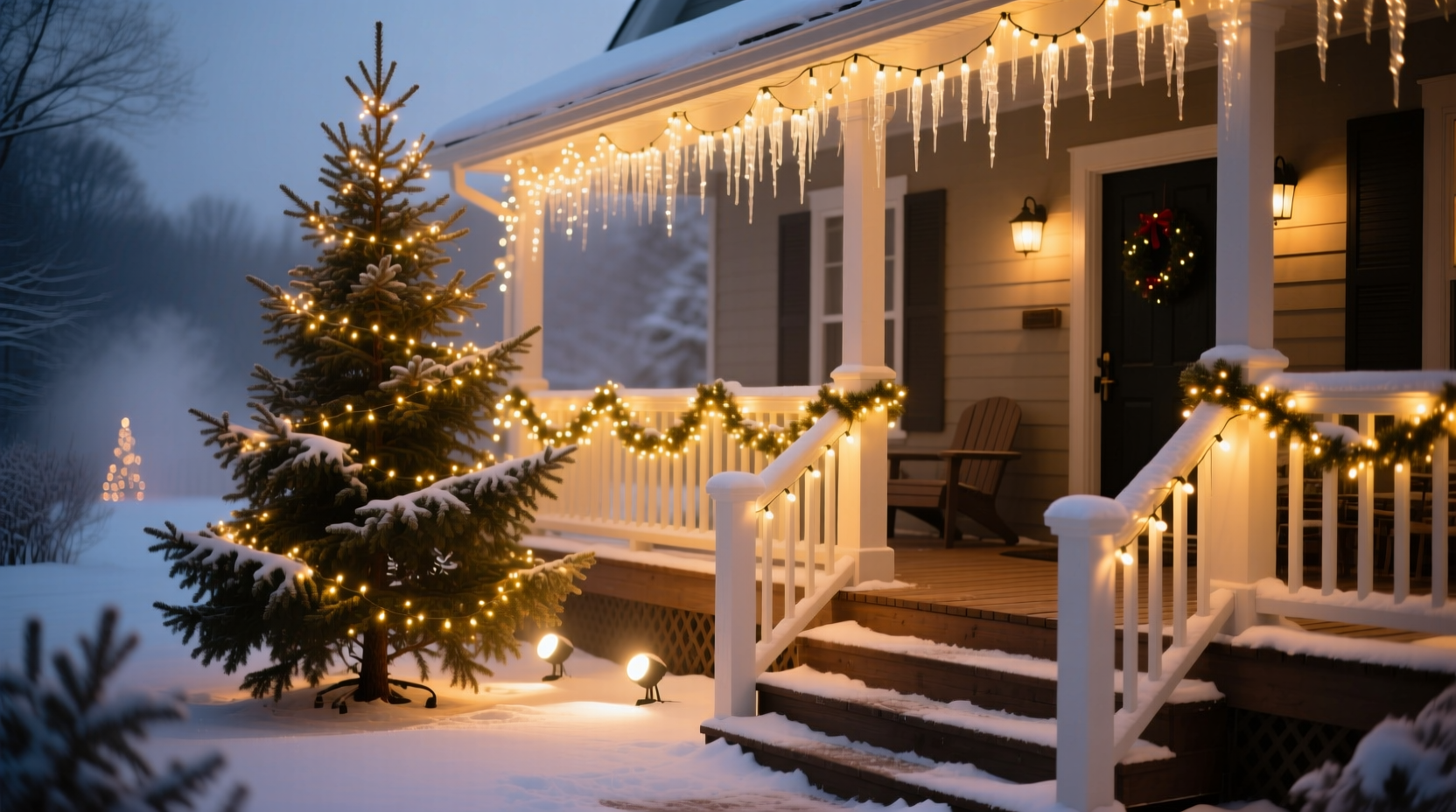 how to layer christmas lighting for depth on porches and trees