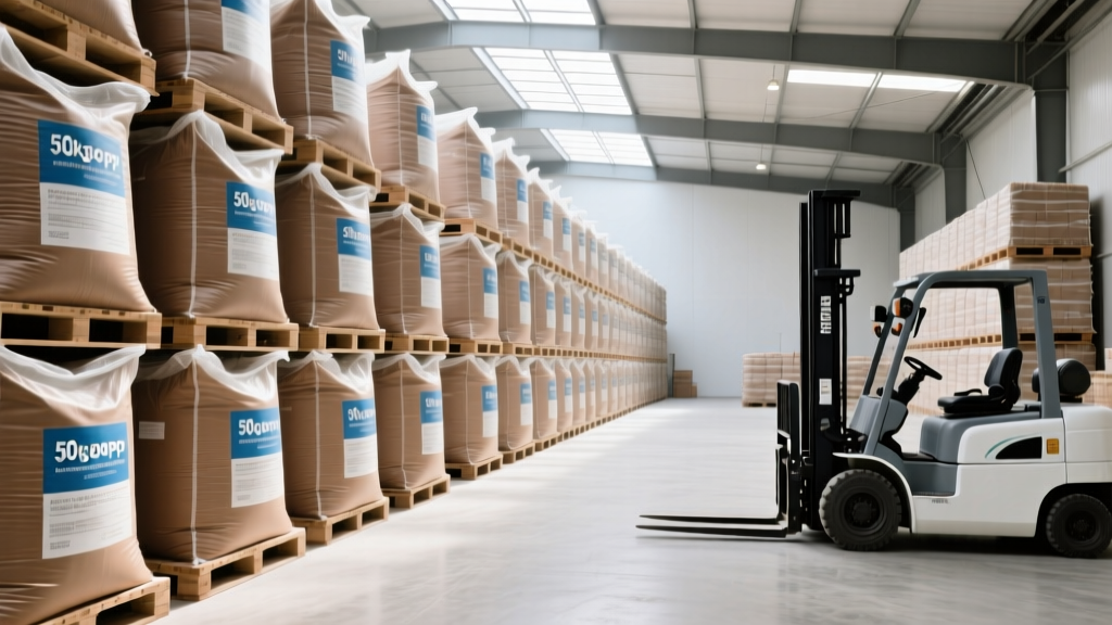Pallets of 50kg BOPP laminated woven bags filled with dry-mix mortar stacked in a brightly lit construction supply warehouse with forklift