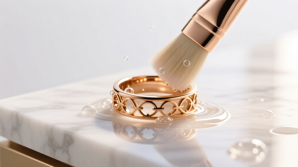 Soft brush cleaning an 18k rose gold ring in warm soapy water on a white marble counter, illuminated by bright natural daylight.
