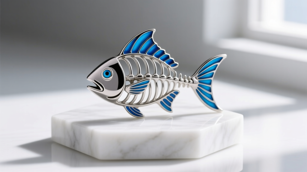 Grade 2 titanium fish skeleton charm with vibrant blue cold enamel accents, displayed on a minimalist white marble jewelry stand.