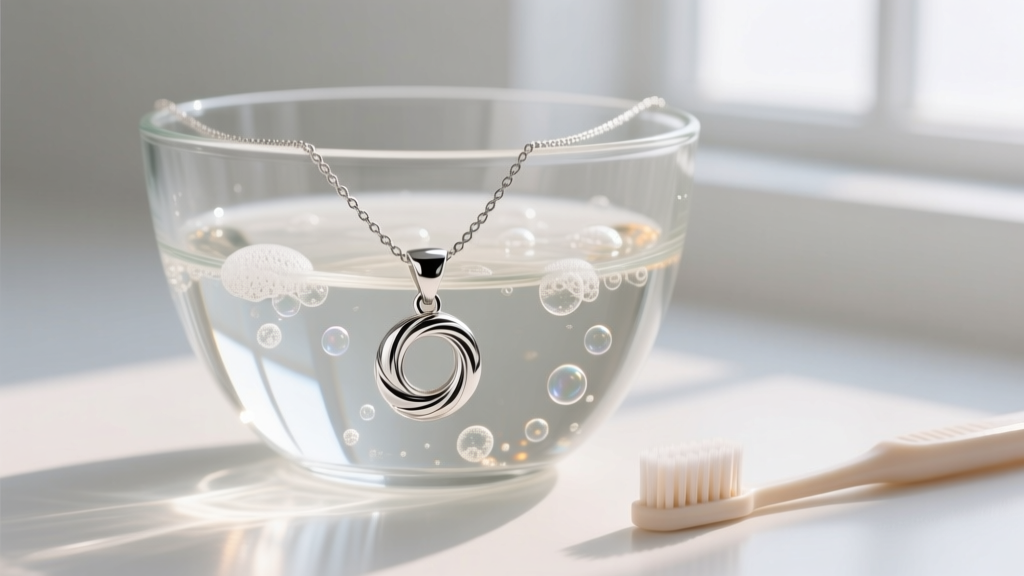 Sterling silver 18-inch pendant necklace submerged in a glass bowl of warm soapy water, next to a soft-bristled baby toothbrush