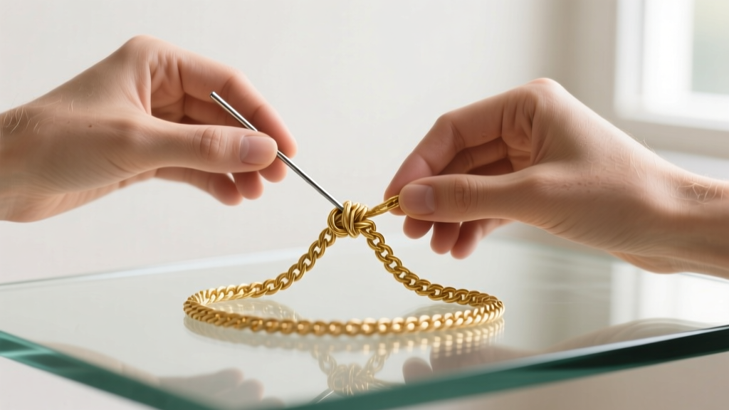 Hands using a fine sewing needle and jojoba oil to carefully untangle a complex knot in a delicate 14k gold rope chain on glass