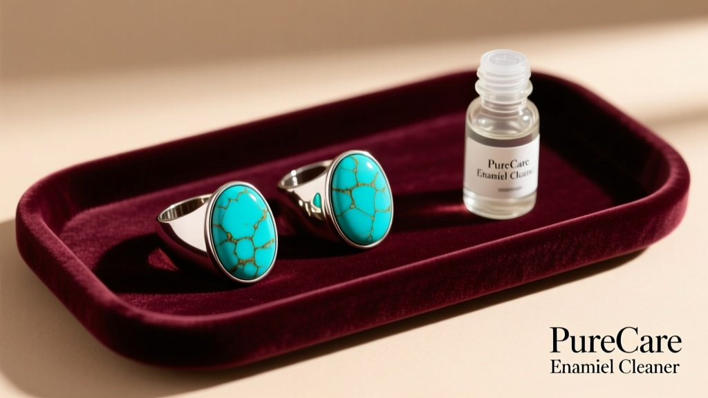 Velvet tray displaying bezel-set Persian turquoise ear cuffs next to a small glass bottle of gentle enamel jewelry cleaning solution.