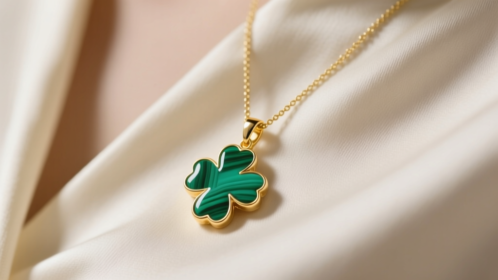 Close-up of an 18k gold necklace with 4 leaf clover malachite pendant resting on a cream silk blouse in soft natural light