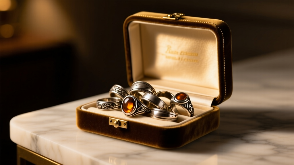 Open velvet TR jewelry box holding heavily tarnished sterling silver rings, illuminated by warm overhead lighting in a dim room.