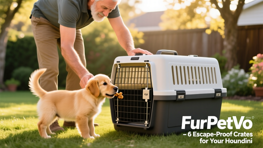 A trainer calmly guiding a young dog into a FurPetVo crate using treats and gentle encouragement
