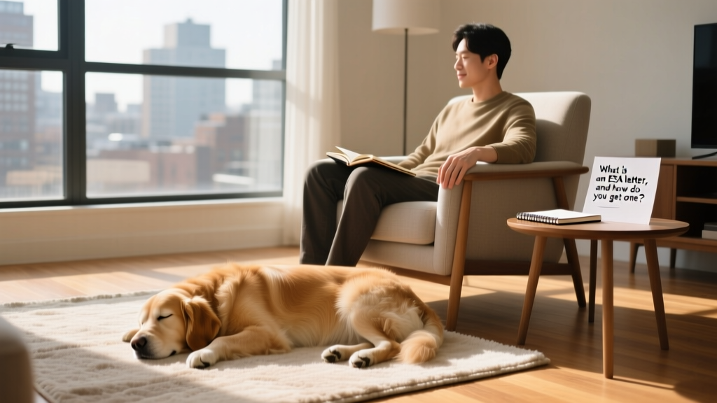A calm, well-behaved dog resting quietly beside a person’s chair in an apartment living room, showing peaceful coexistence