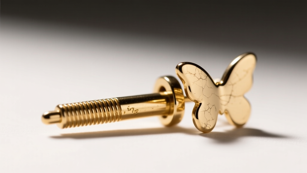 Close-up of a 20-gauge earring post and butterfly clutch, showing tension grooves and minor gold plating wear on the metal edges.