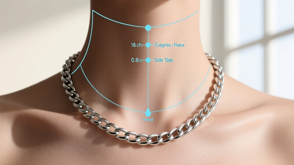 Diagram overlay on a neck showing the parabolic drape and exact ease measurements of a 16-inch sterling silver rolo chain necklace