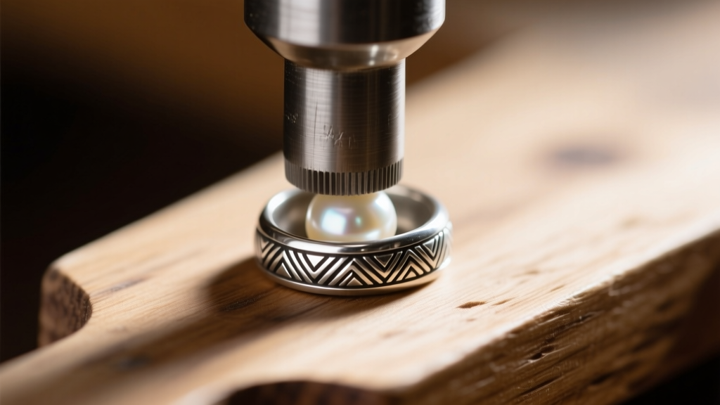 Macro shot of a steel stamp creating a pattern on a curved sterling silver Navajo pearl bead on a wooden jeweler