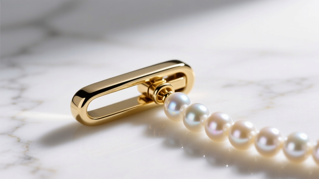 Macro shot of a gold-plated magnetic converter clasp securing a delicate pearl strand necklace on a white marble surface
