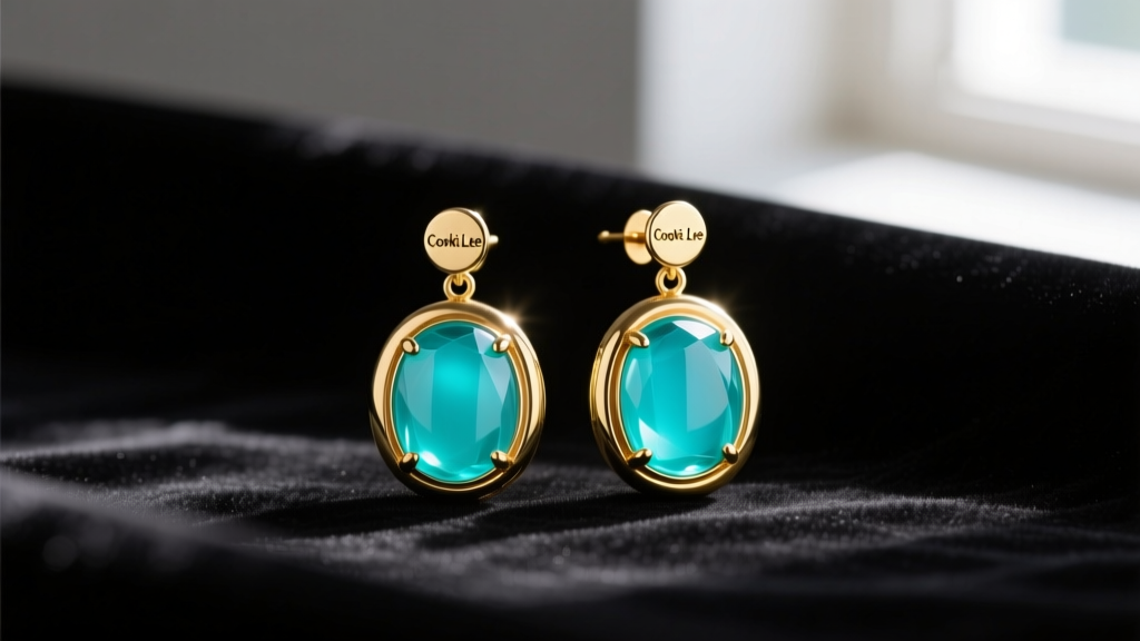 Macro shot of vintage Cookie Lee earrings featuring bright turquoise lucite and gold-tone brass hardware on a dark velvet backdrop