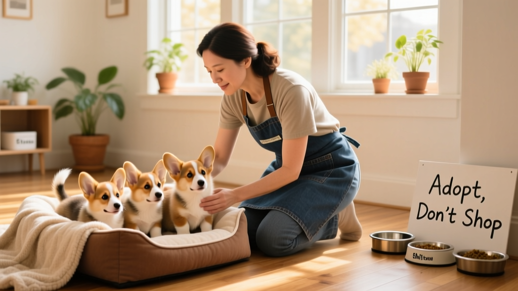 A responsible volunteer checking on healthy, well-cared-for puppies in a clean foster home environment
