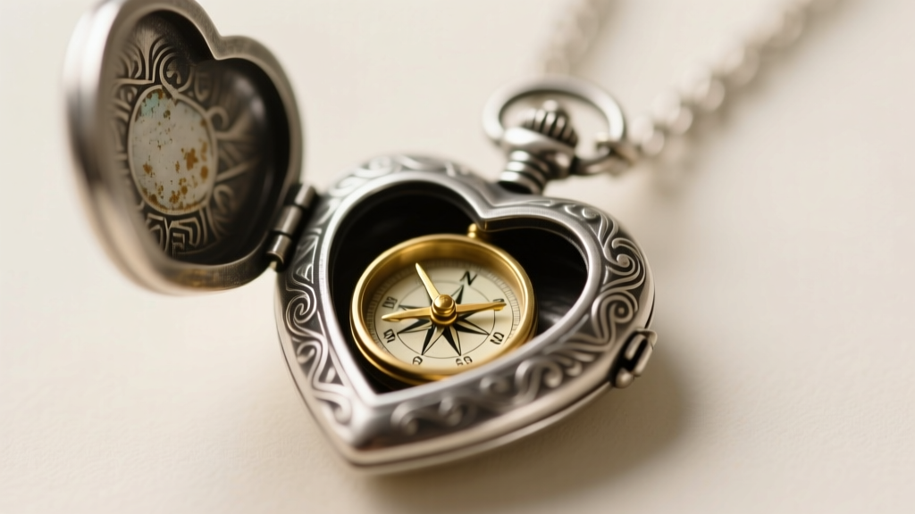 Macro photography of a vintage-style tin man heart locket necklace in oxidized silver, opened to reveal a tiny hidden compass.