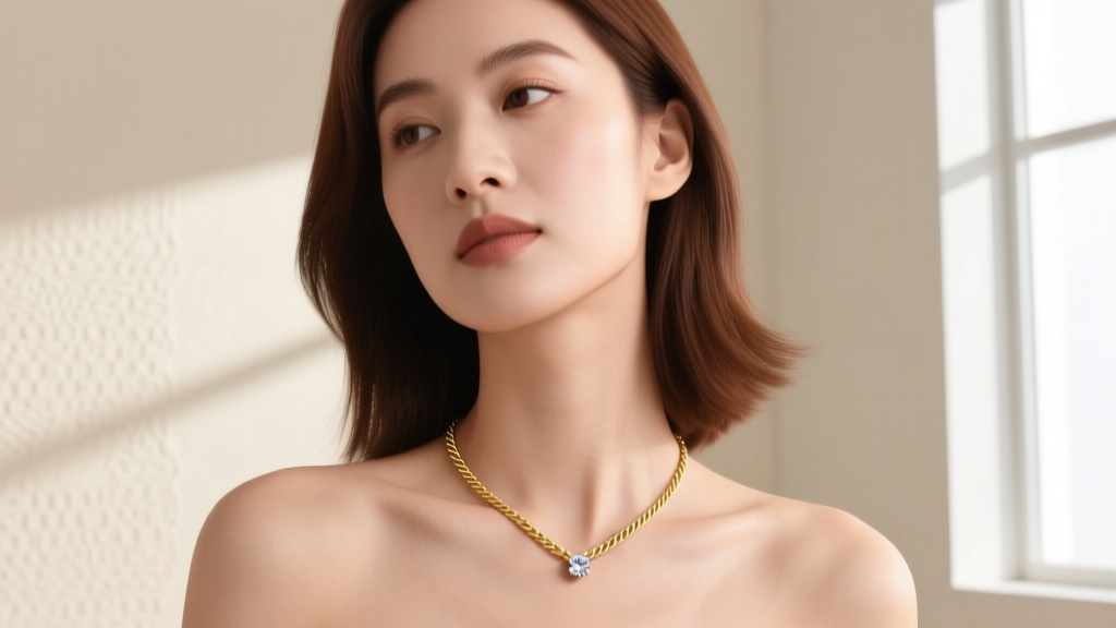 A woman wearing a delicate 14k gold cable chain necklace with a small diamond pendant, photographed in natural daylight.
