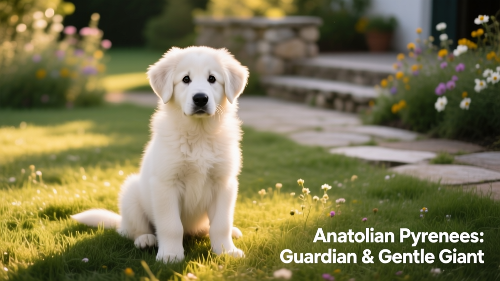 An Anatolian Pyrenees puppy sitting on a grassy lawn, looking alert and curious with soft, fluffy fur