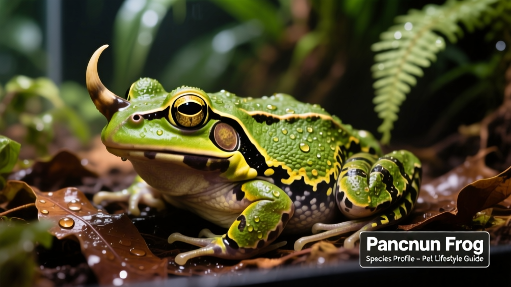 Close-up of an ornate horned frog resting on moist leaf litter in a naturalistic enclosure
