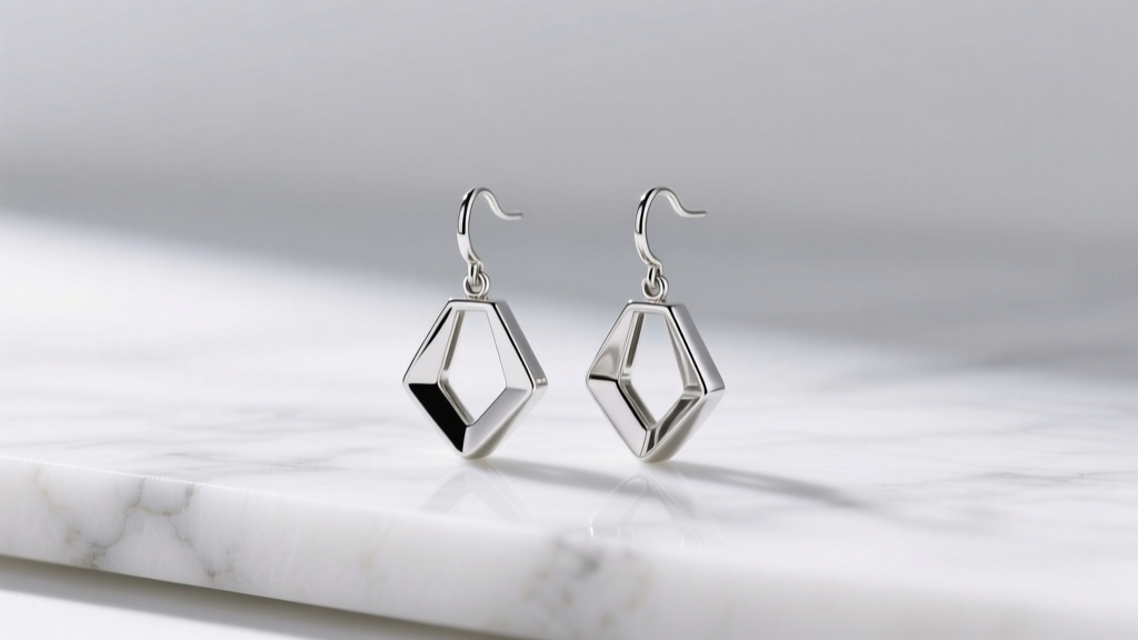 Simple polished silver dangle earrings on white marble, soft studio lighting highlighting clean lines and reflective metal.