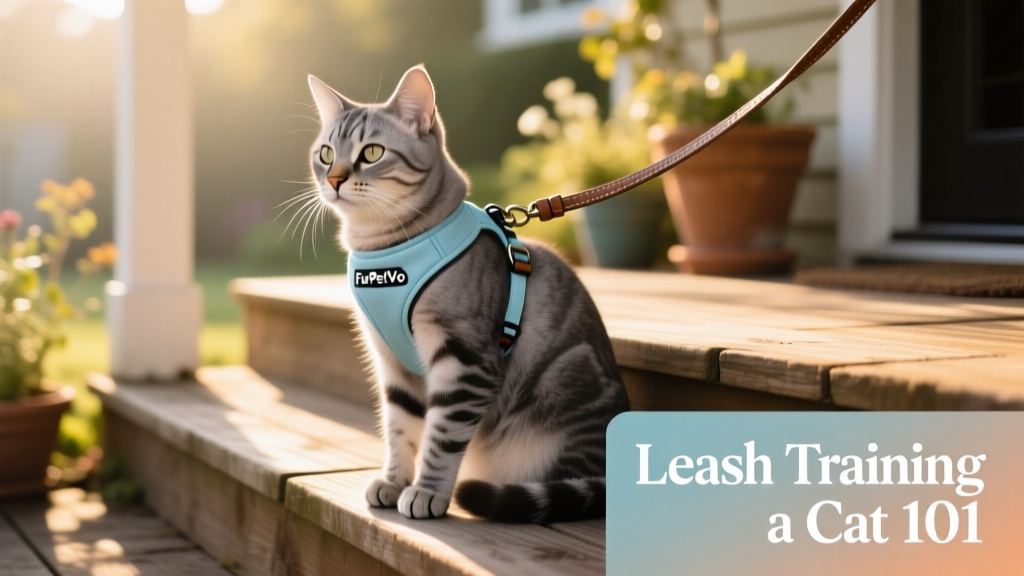 Close-up of a cat wearing a FurPetVo harness with a short leash attached, sitting calmly on a sunlit porch step