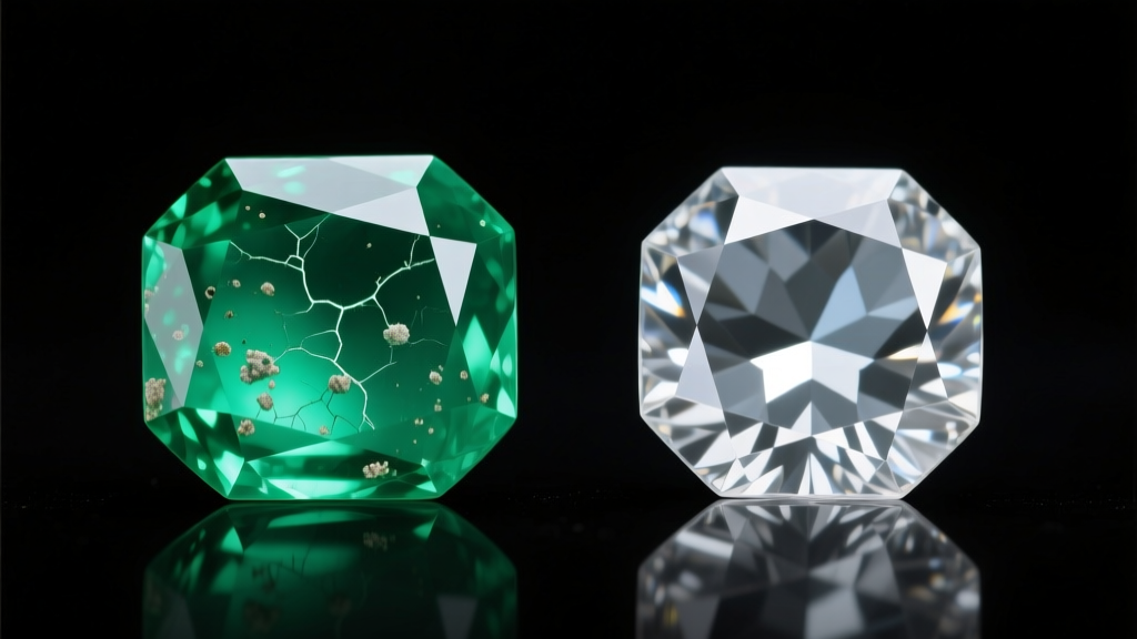 Natural Zambian emerald beside lab-grown stone, showing clarity and inclusion differences under bright macro studio lighting.
