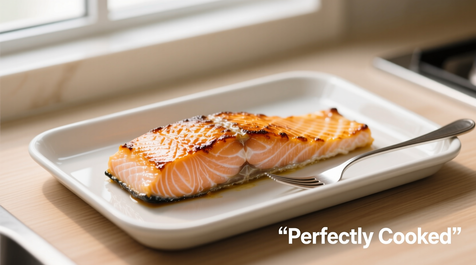 Perfectly cooked frozen salmon fillet on baking sheet