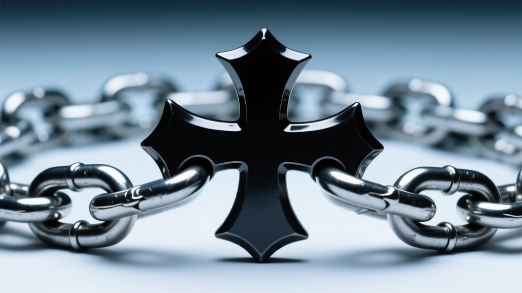 Macro shot of a heavy stainless steel Cuban curb chain linking through a dark gothic inverted cross bail under studio lighting.