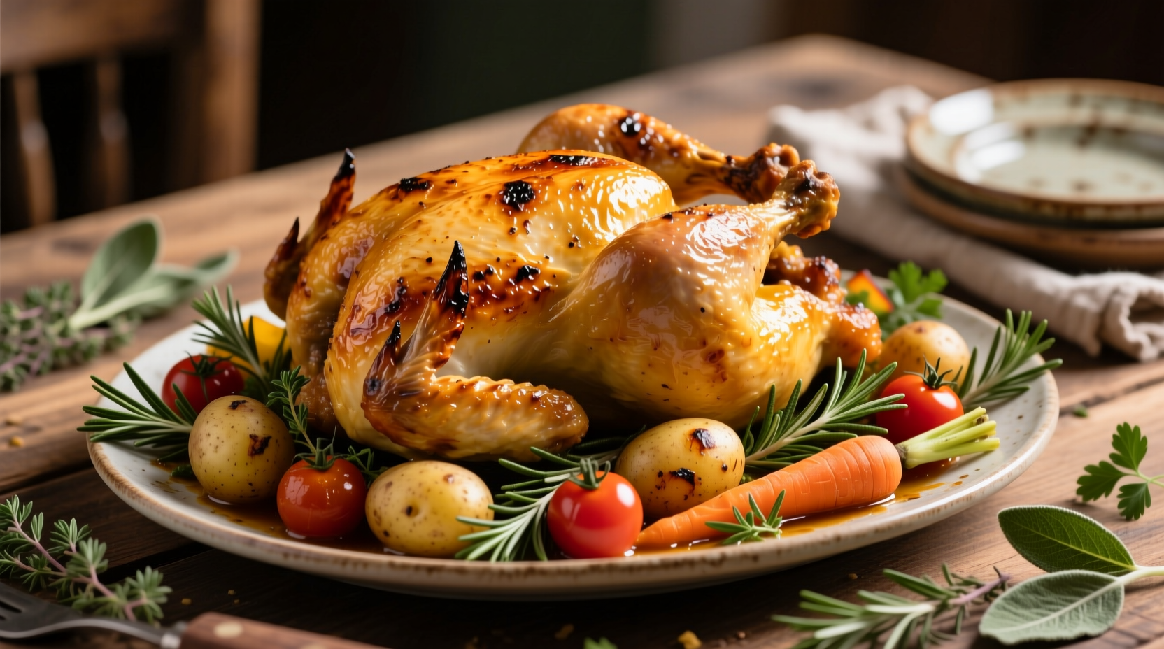 Perfect golden baked chicken with herbs and vegetables