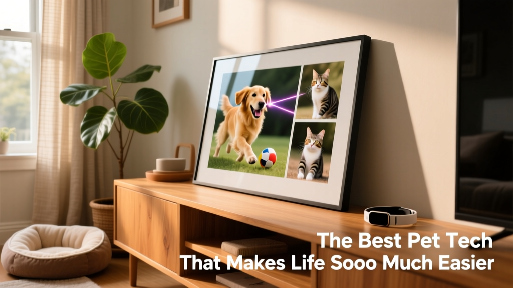 A digital photo frame displaying rotating images of dogs and cats, mounted on a living room shelf