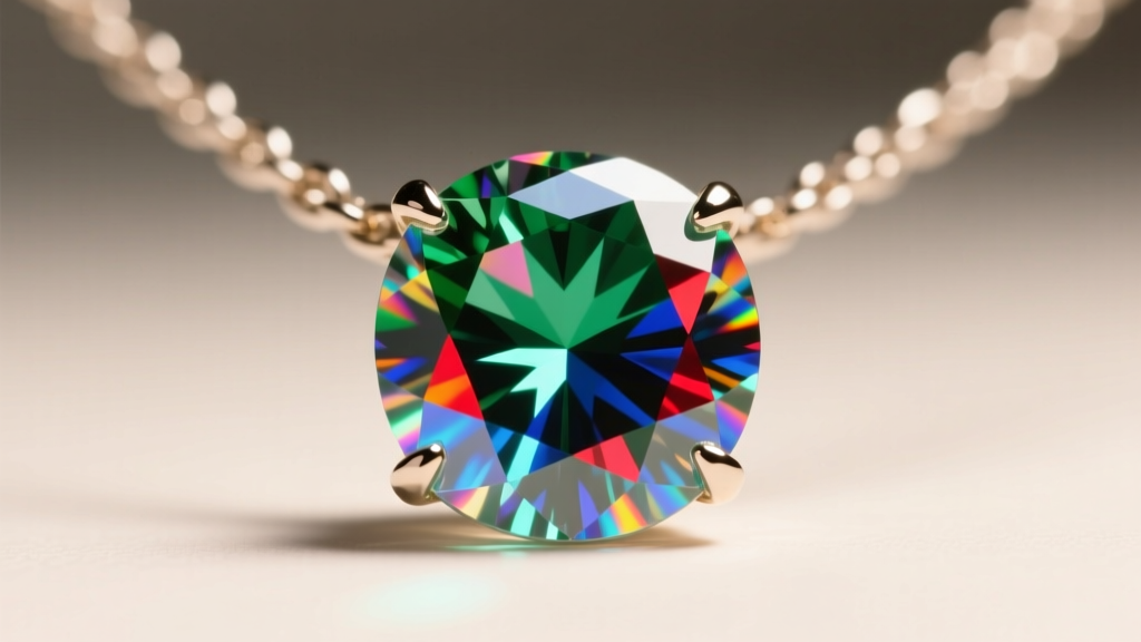 Close-up of a moissanite necklace displaying a rainbow oil slick effect on the surface, lit by direct overhead lighting.