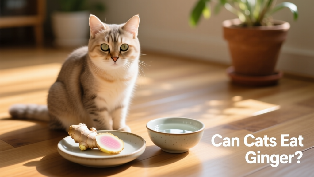 A calm, healthy cat sitting beside a shallow dish containing a single thin slice of fresh ginger root and a small bowl of clean water