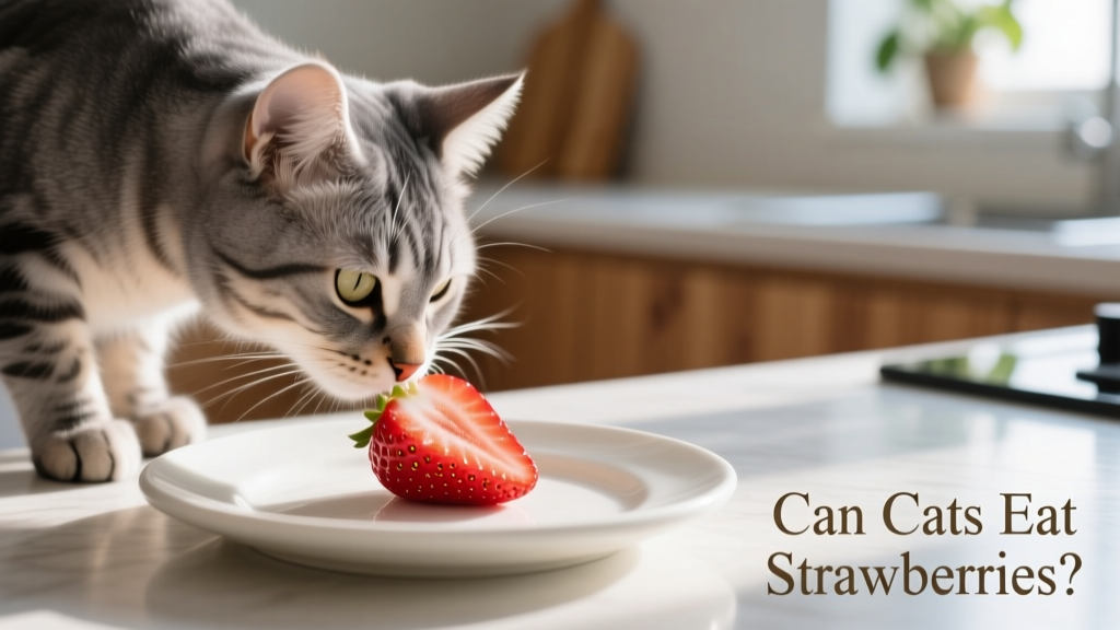 A cat gently sniffing a small piece of cut strawberry on a pet-safe plate
