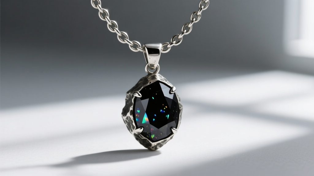 Close-up of an oxidized sterling silver pendant featuring a raw, uncut black tourmaline stone on a heavy 18-gauge rolo chain.
