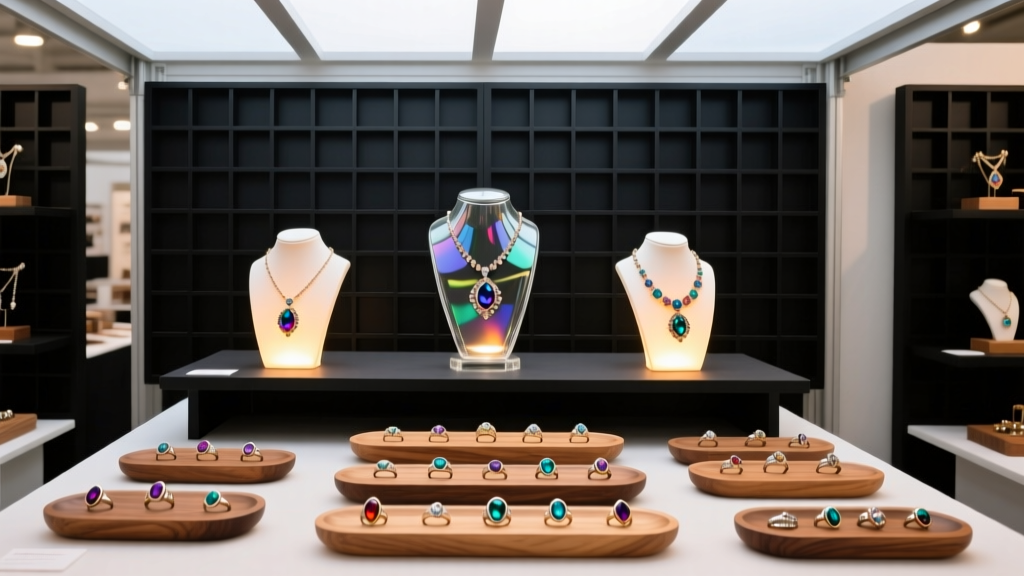 Top view of a craft fair booth with black gridwall panels, lit glass necklace busts, and tiered oak ring trays.