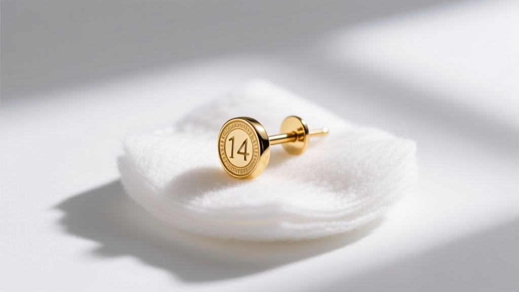 Macro photography of a clean 14k gold earring post resting on a sterile white cotton pad, soft clinical lighting, highly detailed.