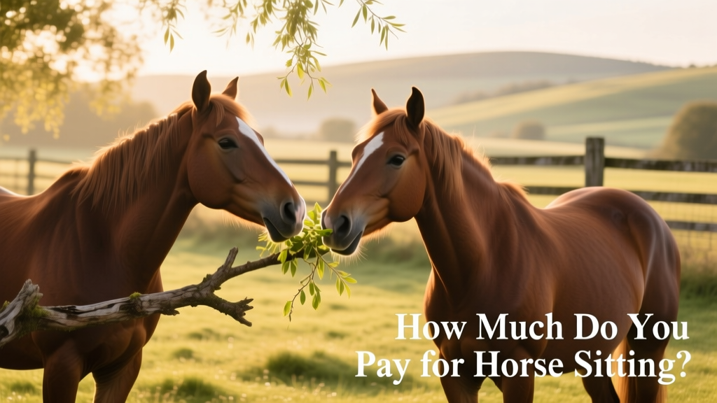 Two brown horses gently nibbling from a branch in a sunlit paddock