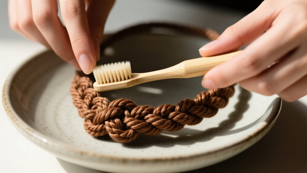 Hands using a soft bamboo toothbrush to gently scrub intricate macrame knots of a brown strong cord necklace over a ceramic bowl