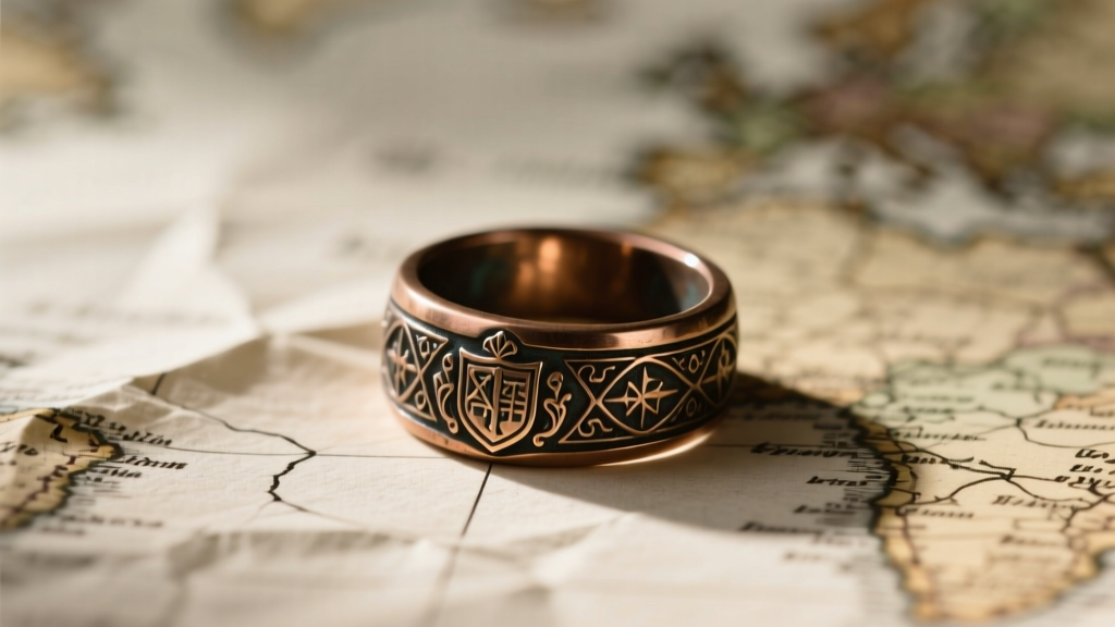 Macro shot of a solid bronze replica ring with intricate crest engravings and dark patina resting on a worn vintage paper map