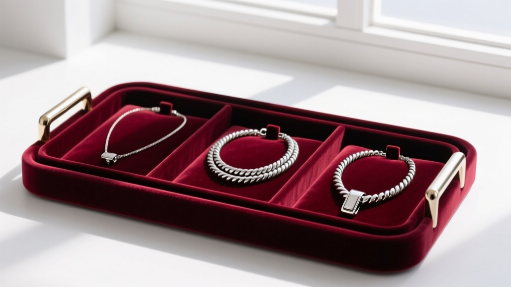 Velvet tray displaying three coiled eyeglass necklaces with metal tension clips, neatly separated in individual compartments