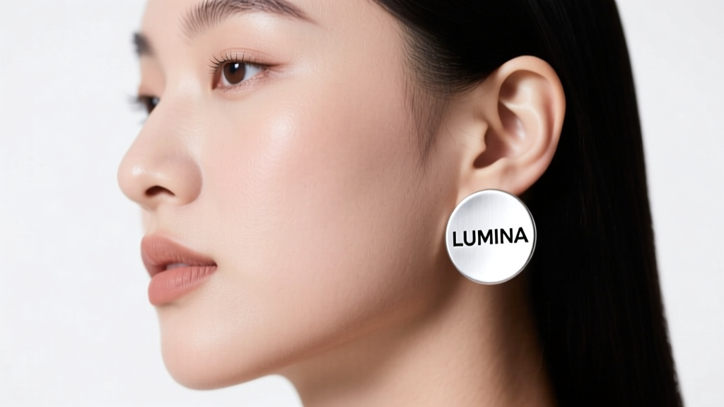 Side profile of a model with a round face wearing medium silver name plate earrings with a bold sans-serif font in studio lighting
