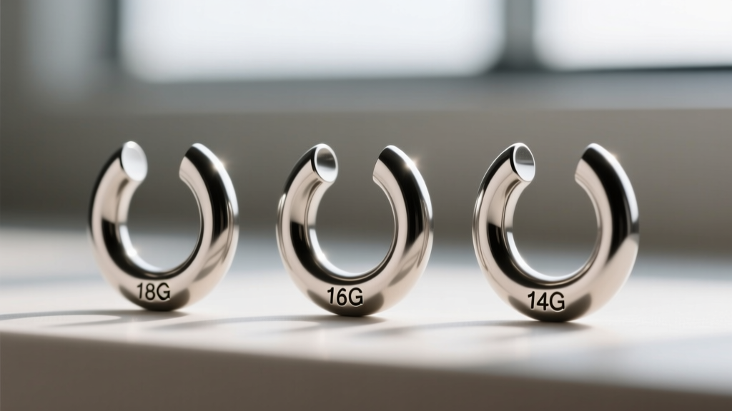 Macro shot of three titanium septum horseshoe barbells of varying gauge thicknesses lined up with engraved size markings visible