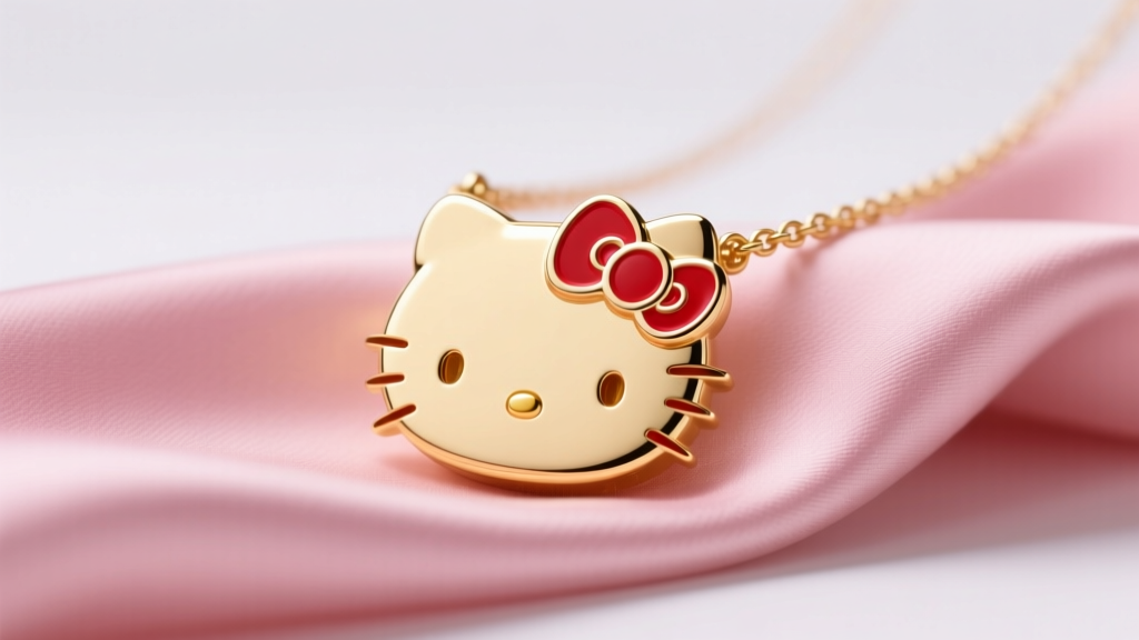 Close-up of a 14k gold vermeil Hello Kitty name necklace on pink silk, soft studio lighting highlighting the red bow enamel detail.
