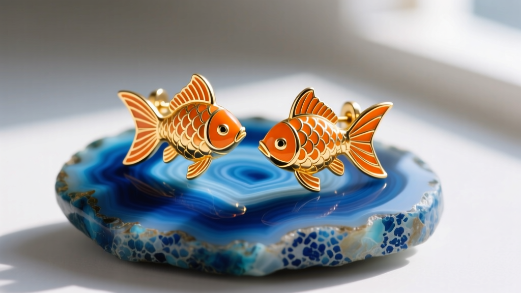 Macro shot of 14k gold goldfish earrings with bright orange enamel detailing, resting elegantly on a raw blue lace agate gemstones