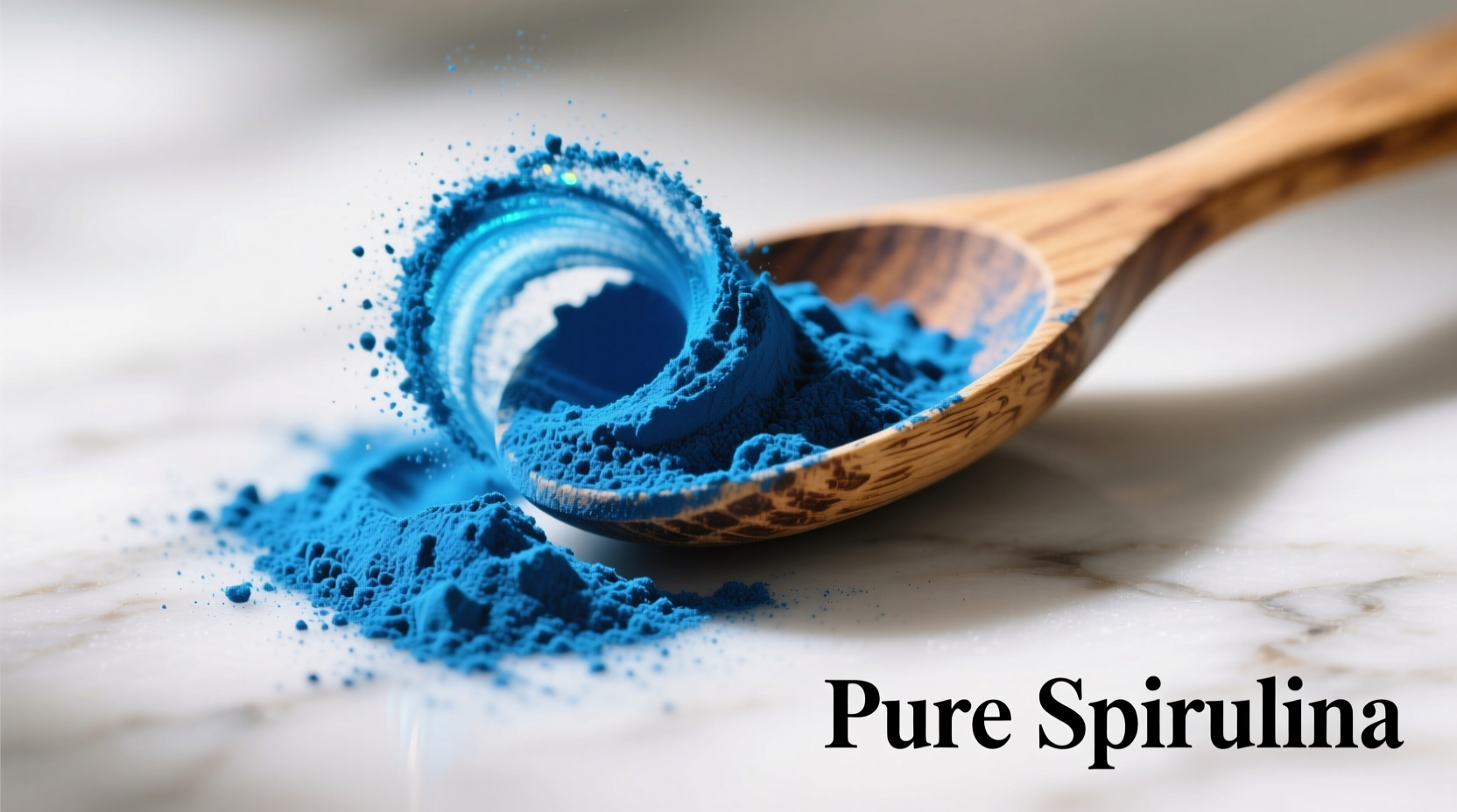 Vibrant blue spirulina powder in wooden spoon on marble surface
