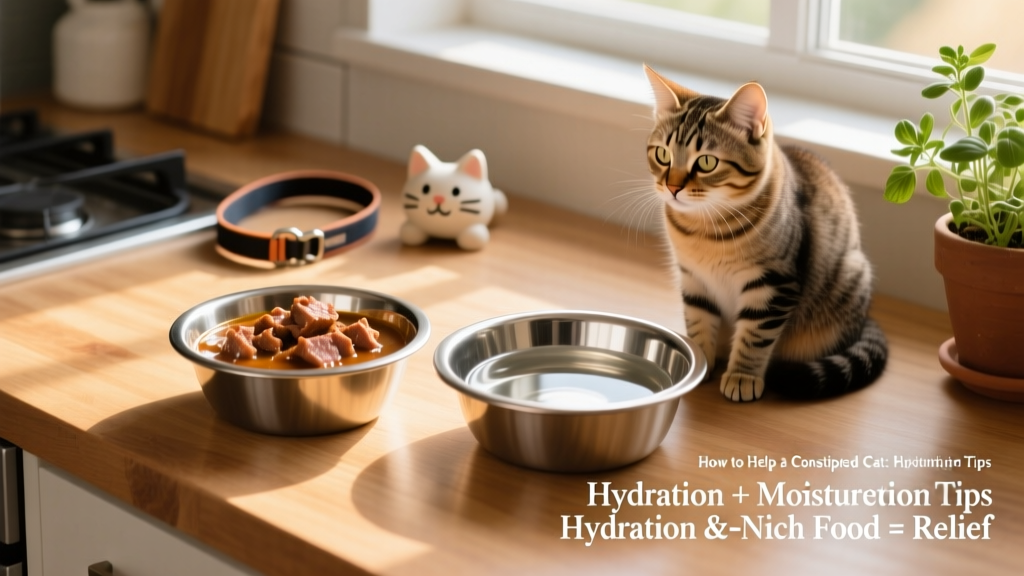 Side-by-side comparison of high-quality wet cat food and fresh water in a stainless-steel bowl