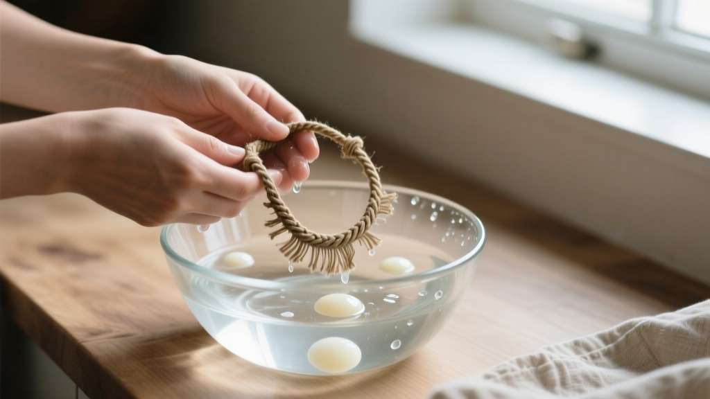 Hands gently washing a faded vintage hemp necklace in a glass bowl of cold water and mild castile soap under soft natural light