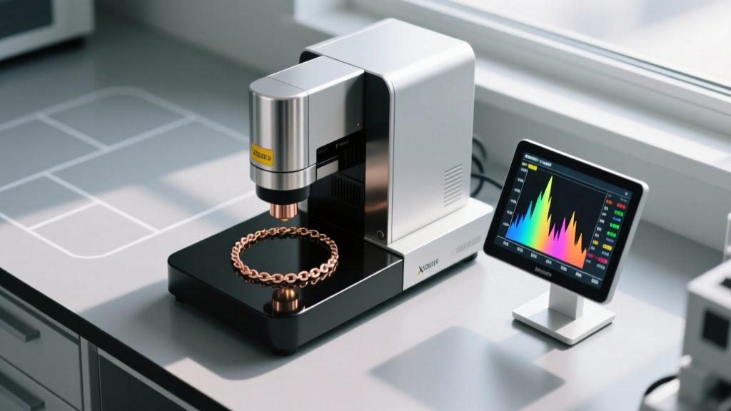 Overhead view of a workbench featuring an XRF gold testing machine analyzing a rose gold chain next to a digital display screen.