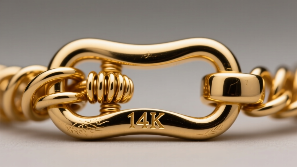 Extreme close-up of a 14k gold lobster clasp showing the spring mechanism and stamped hallmark, sharp macro lens detail