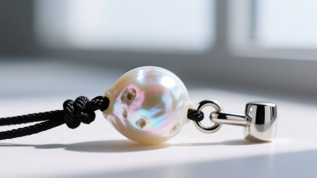 Macro shot of an 11mm baroque freshwater pearl with heavy blemishes, strung on knotted black silk thread near a silver barrel clasp