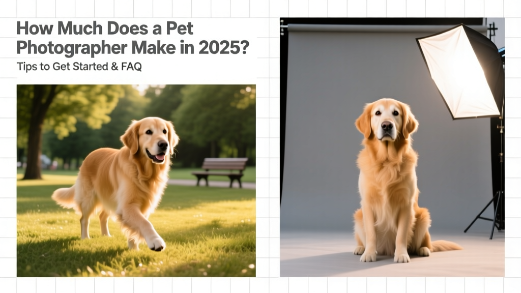 Side-by-side comparison showing natural-light outdoor pet portrait vs. studio setup with softbox lighting
